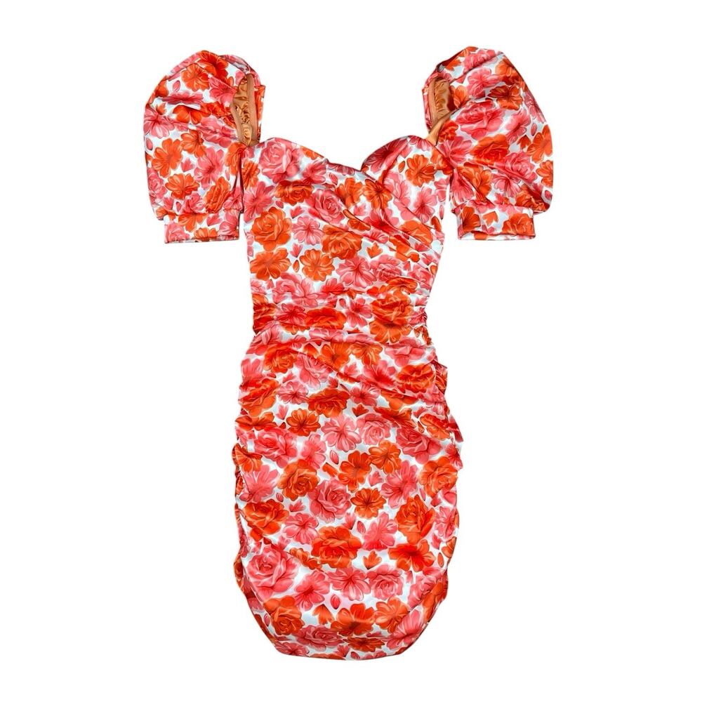 Oh Polly In Full Bloom Puff Sleeve Satin Mini Ruched Bodycon Dress Size 0 NWT - Picture 2 of 7